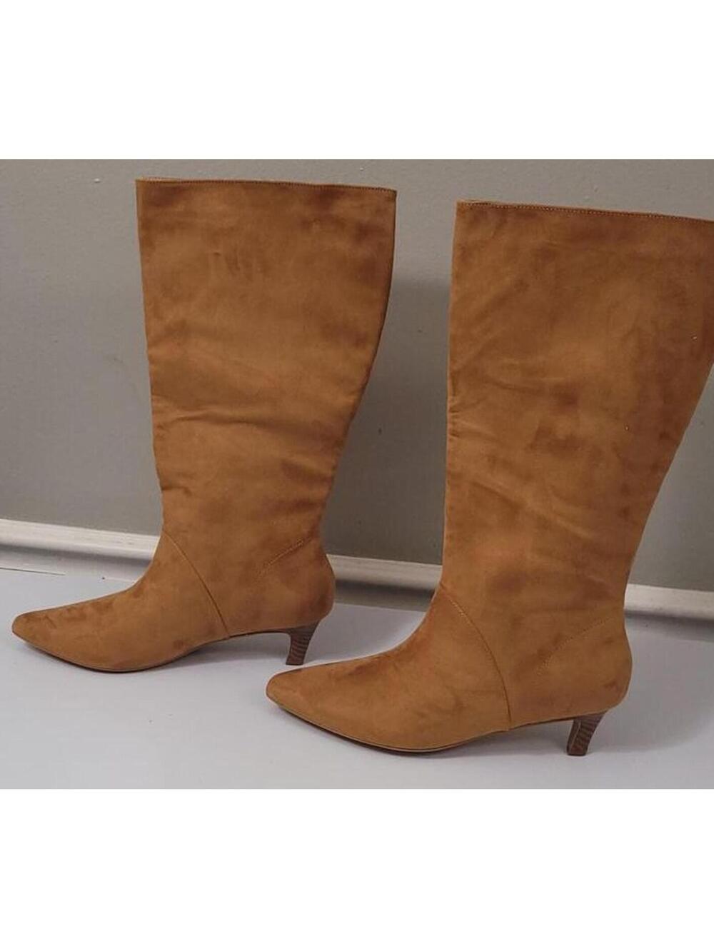 Coutgo Women's Knee High Calf Kitten Heel Boots Tan Suede Pointed Toe Size 9